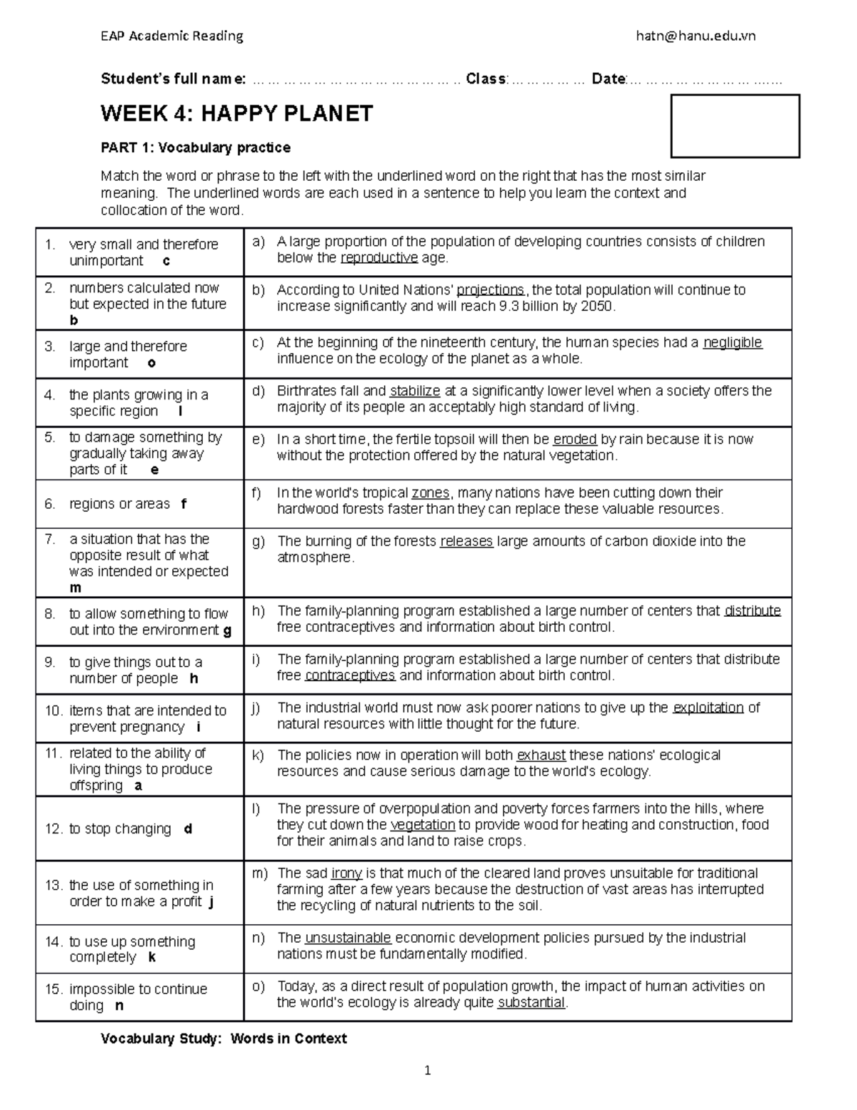EAP Reading worksheet week 4 - Happy Planet - EAP Academic Reading hatn ...