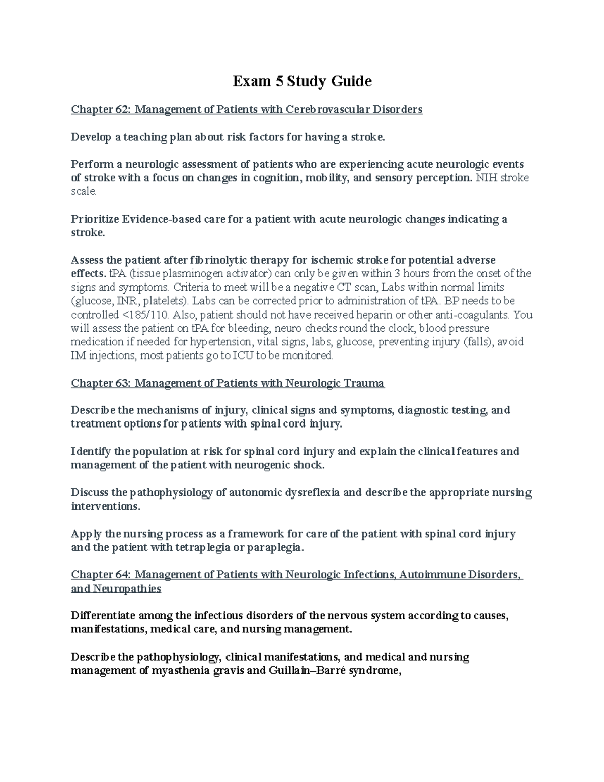 Exam 5 Study Guide Exam 5 Study Guide Chapter 62 Management Of Patients With Cerebrovascular Exam 5 Study Guide Exam 5 Study Guide Chapter 62 Management Of Patients With Cerebrovascular