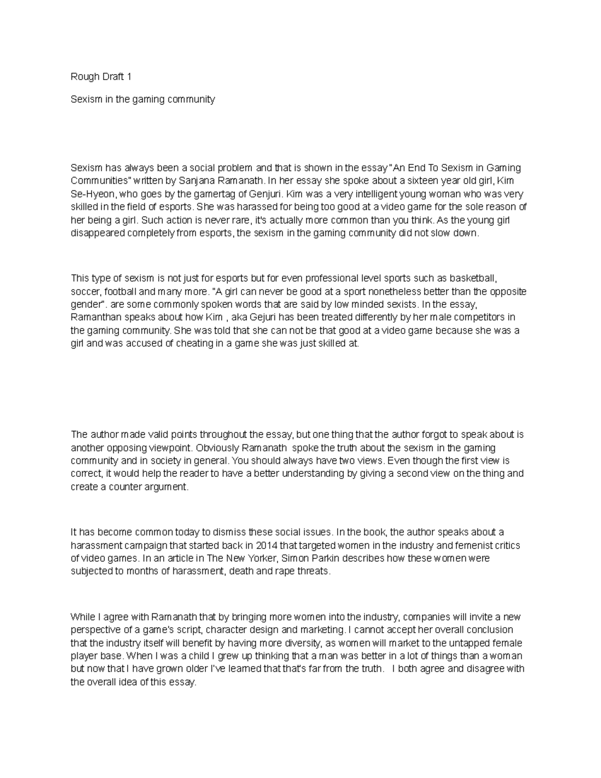 Rough Draft '1 - Rough Draft 1 Sexism in the gaming community Sexism ...