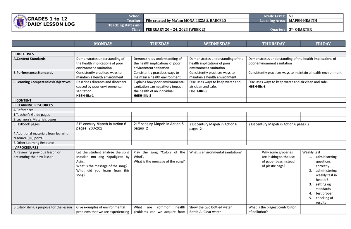 DLL Mapeh- Health 6 Q3 W2 - GRADES 1 To 12 DAILY LESSON LOG School ...