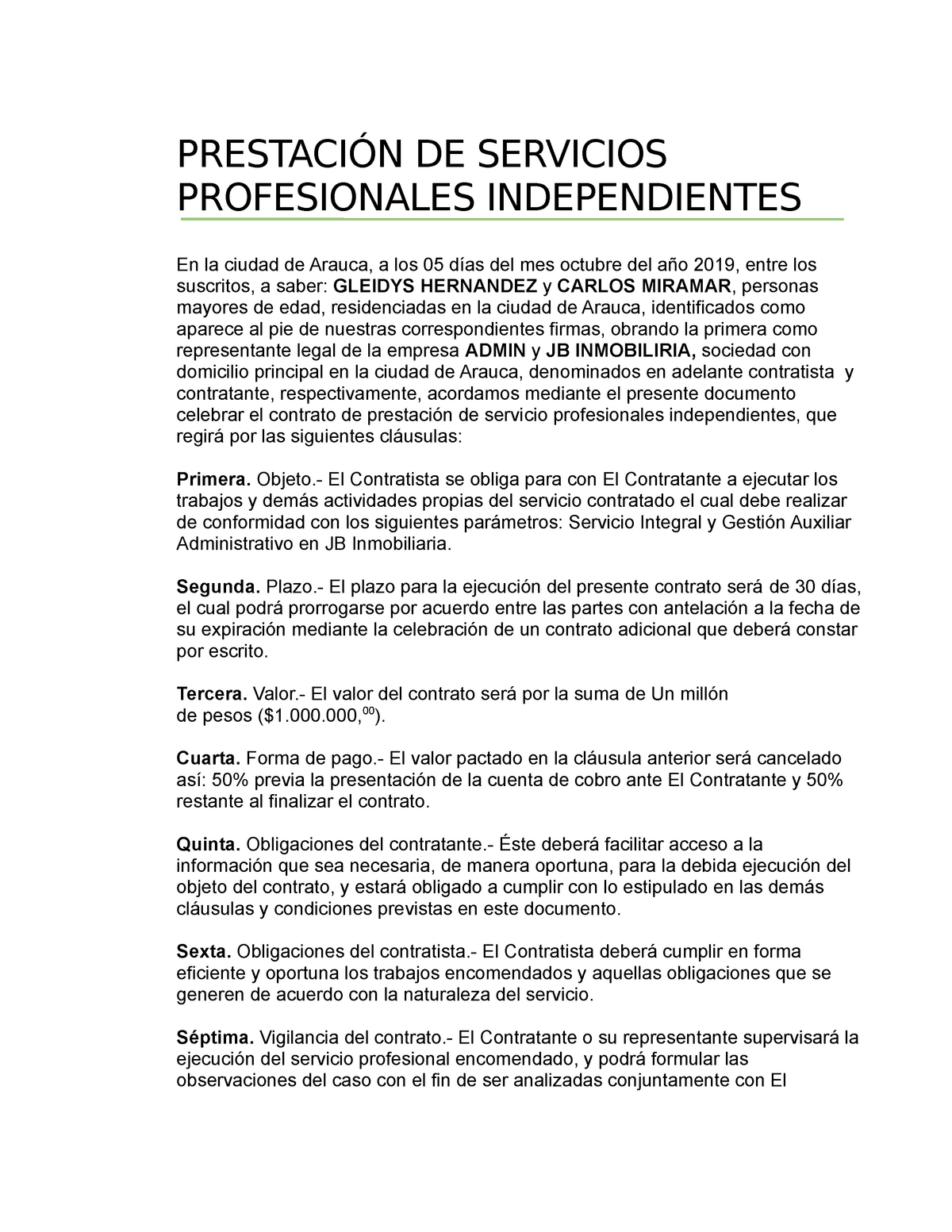 Gleidys contrato de servicios profesionales independientes - PRESTACIÓN DE SERVICIOS  PROFESIONALES - Studocu