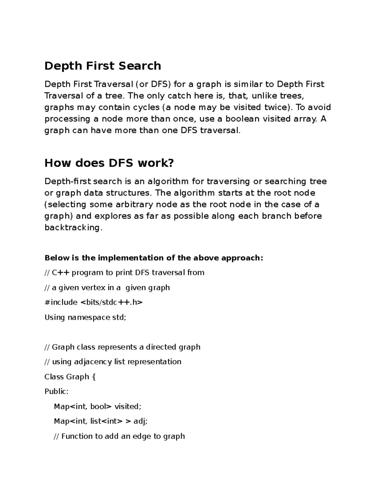DFS Assignment Depth First Search Depth First Traversal (or DFS) for