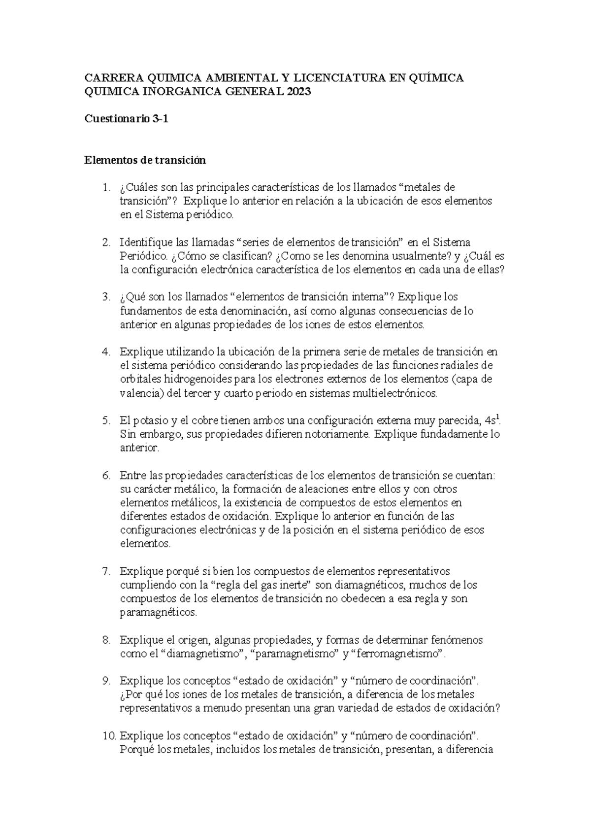 Cuestionario 3 1 Qu Mica Q - CARRERA QUIMICA AMBIENTAL Y LICENCIATURA ...