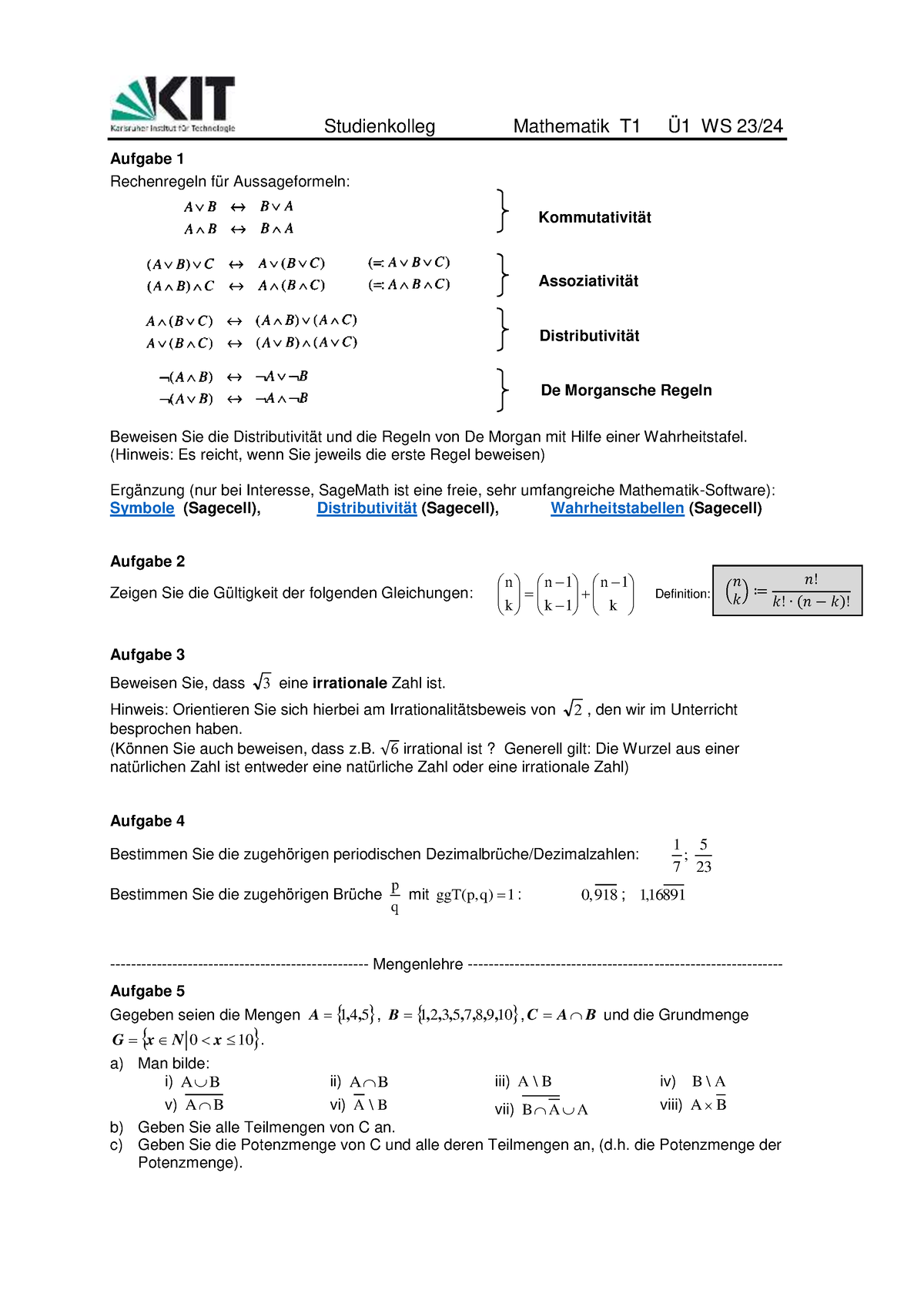 1 Ue1 - Studienkolleg Mathematik T1 Ü 1 WS 2 3/ Aufgabe 1 Rechenregeln ...