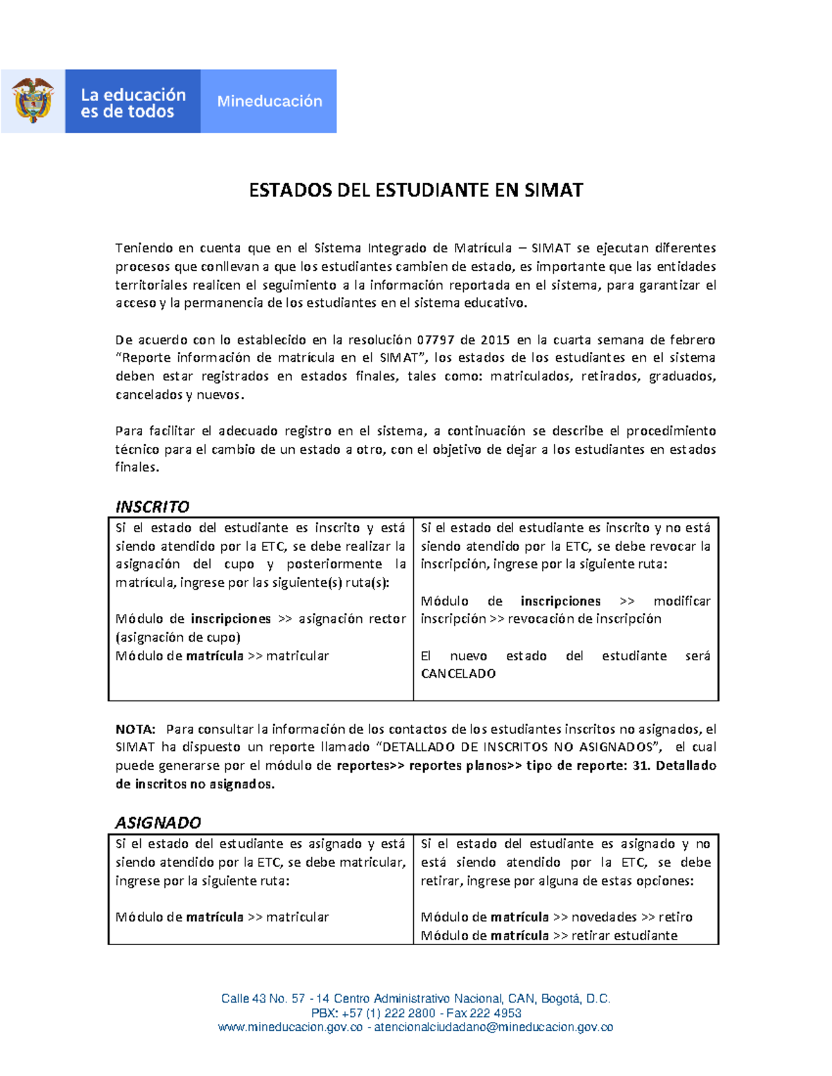 Estados DEL Estudiante EN Simat - Calle 43 No. 57 - 14 Centro ...