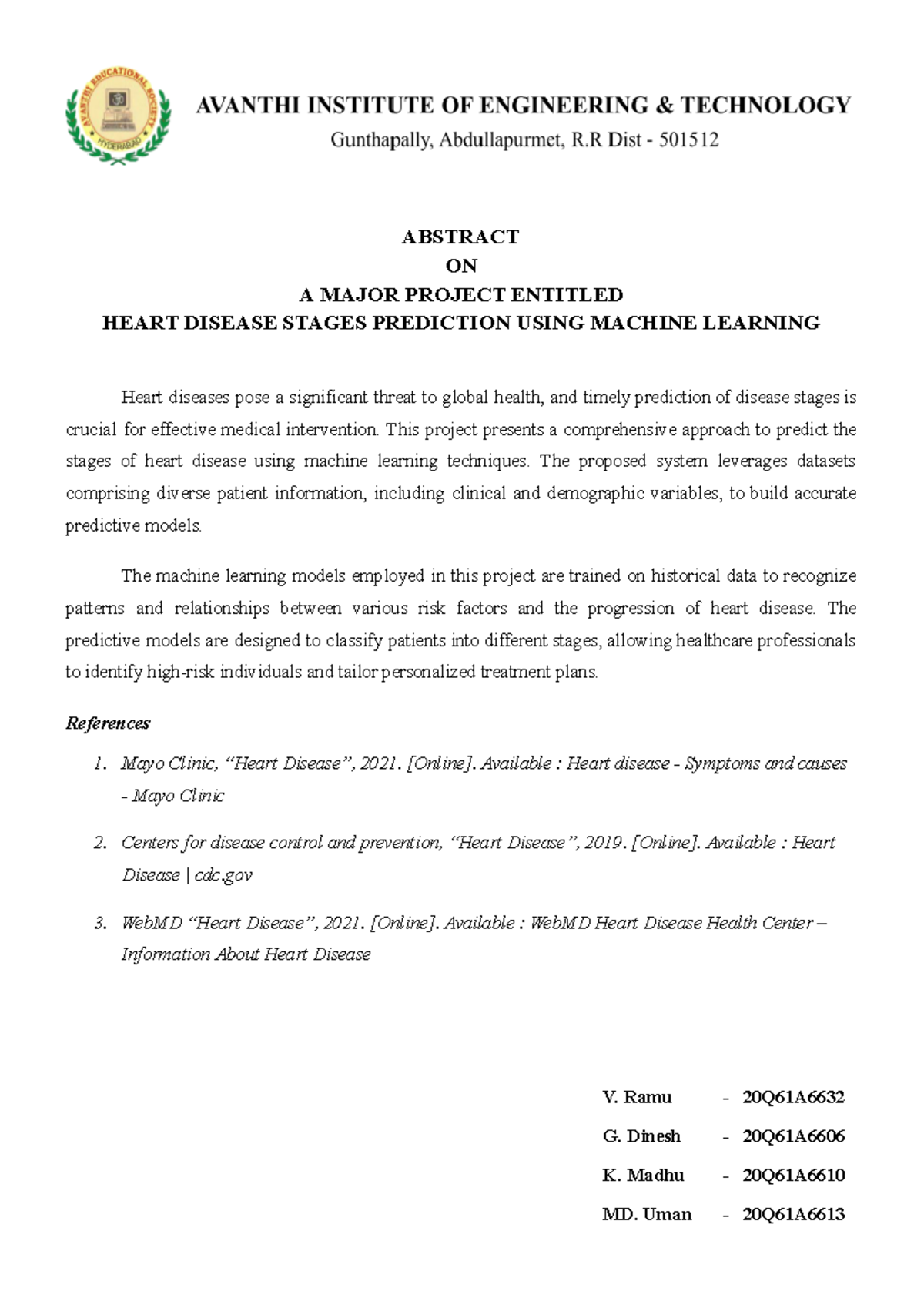 Major Project Abstract 6 - ABSTRACT ON A MAJOR PROJECT ENTITLED HEART ...