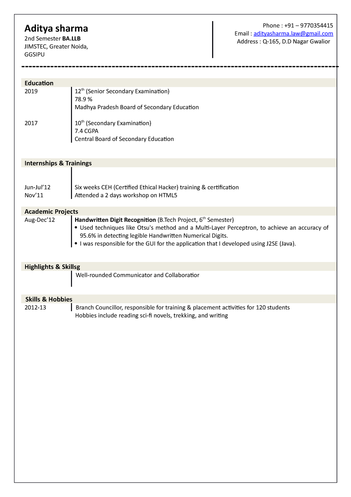 Internshala resume template notes - Aditya sharma 2nd Semester BA ...