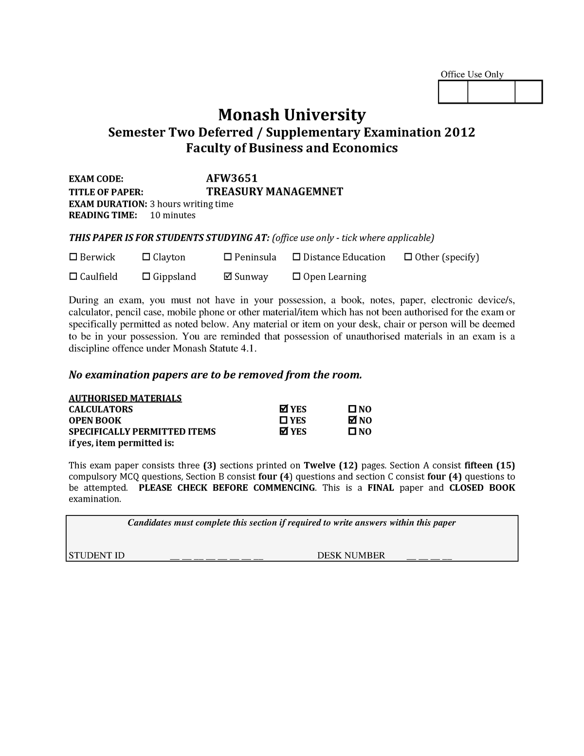 exam-2012-questions-office-use-only-monash-university-semester-two