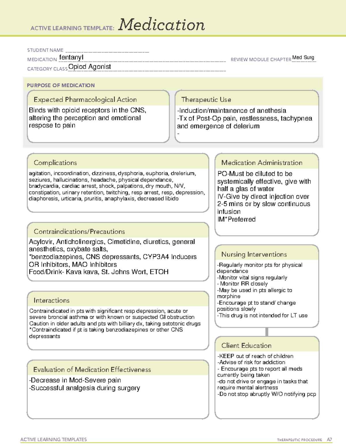 fentanyl Med Sheet - ACTIVE LEARNING TEMPLATES TherapeuTic procedure A ...