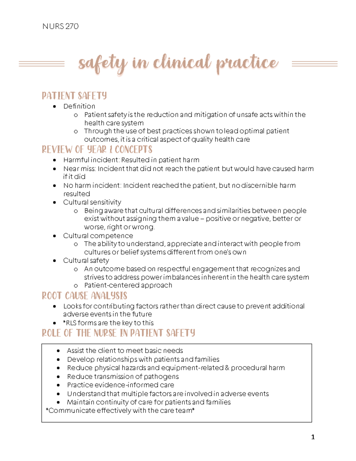 NURS 270 Notes safety in clinical practice Patient safety Definition