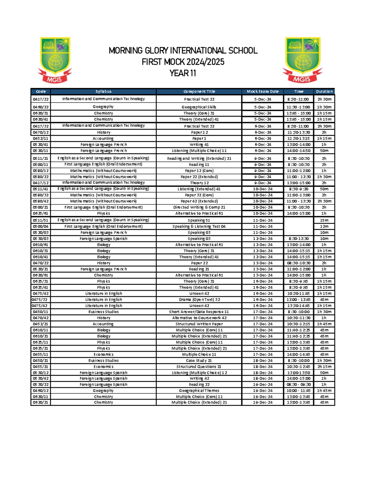 SHS - First MOCK TIME Table 2024 - Code Syllabus Component Title Mock ...