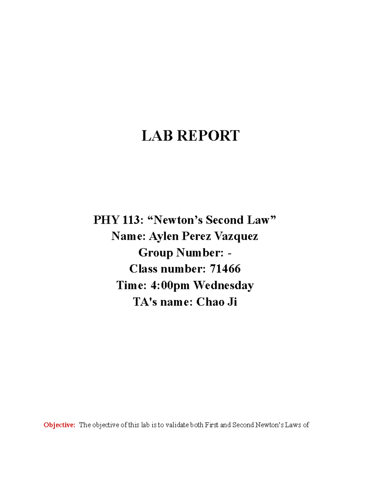 LAB Report Newton's Second Law - LAB REPORT PHY 113: “Newton’s Second ...