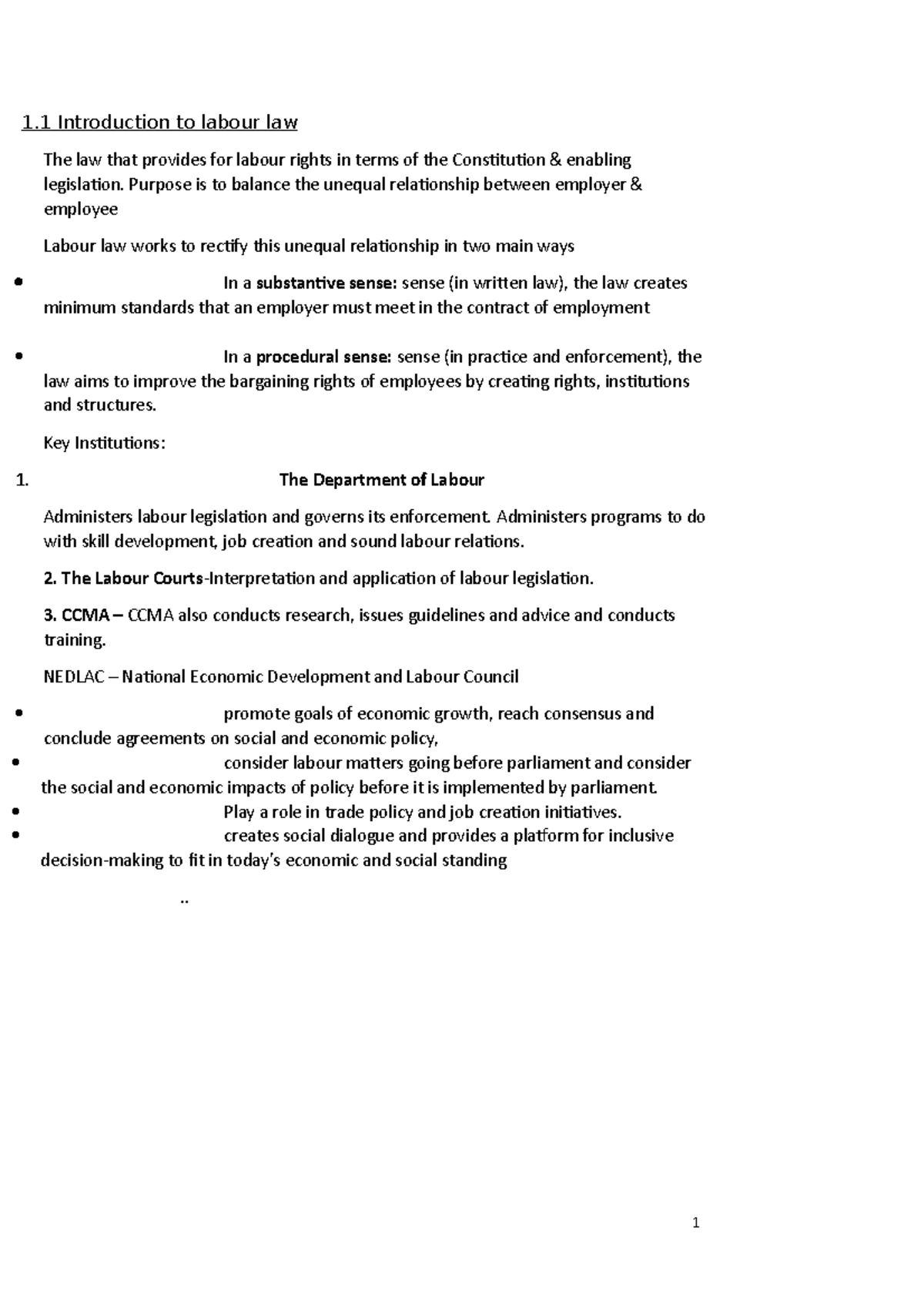 Indi notes new - 1 Introduction to labour law The law that provides for ...