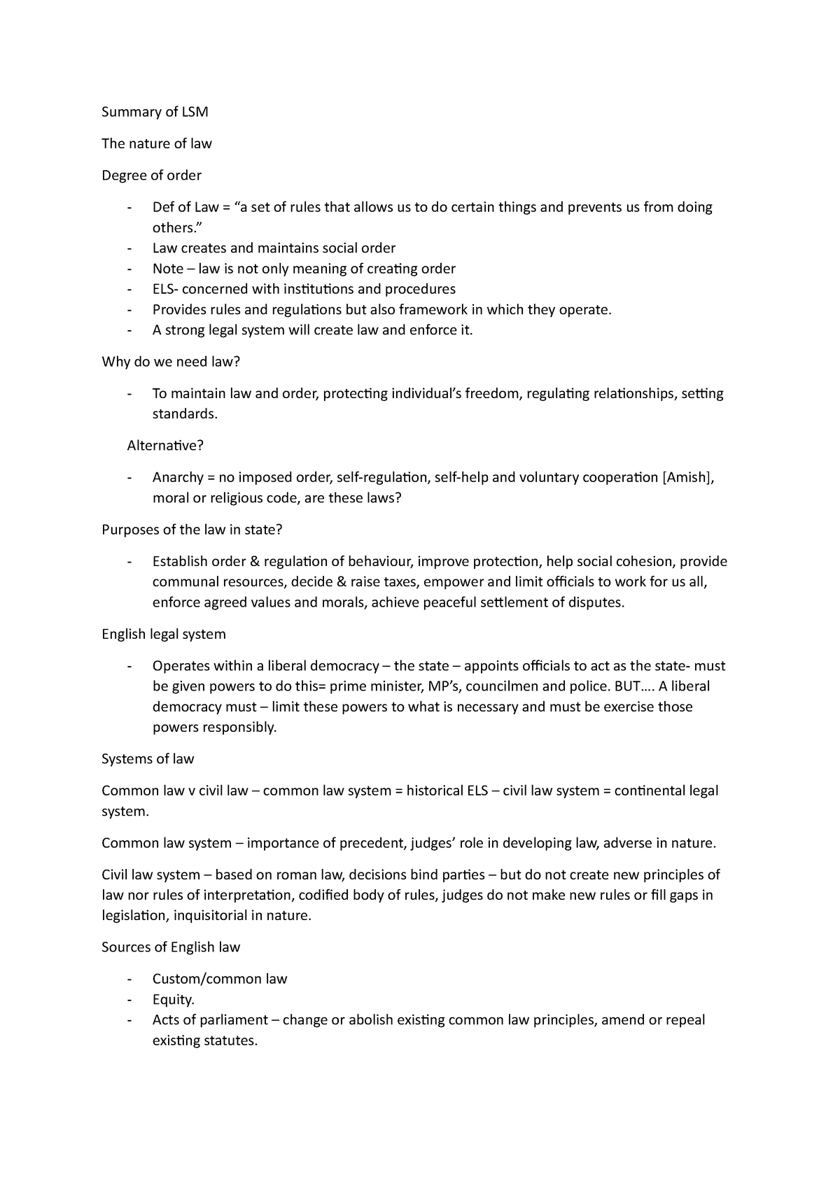 Summary of LSM - Summary of LSM The nature of law Degree of order Def ...