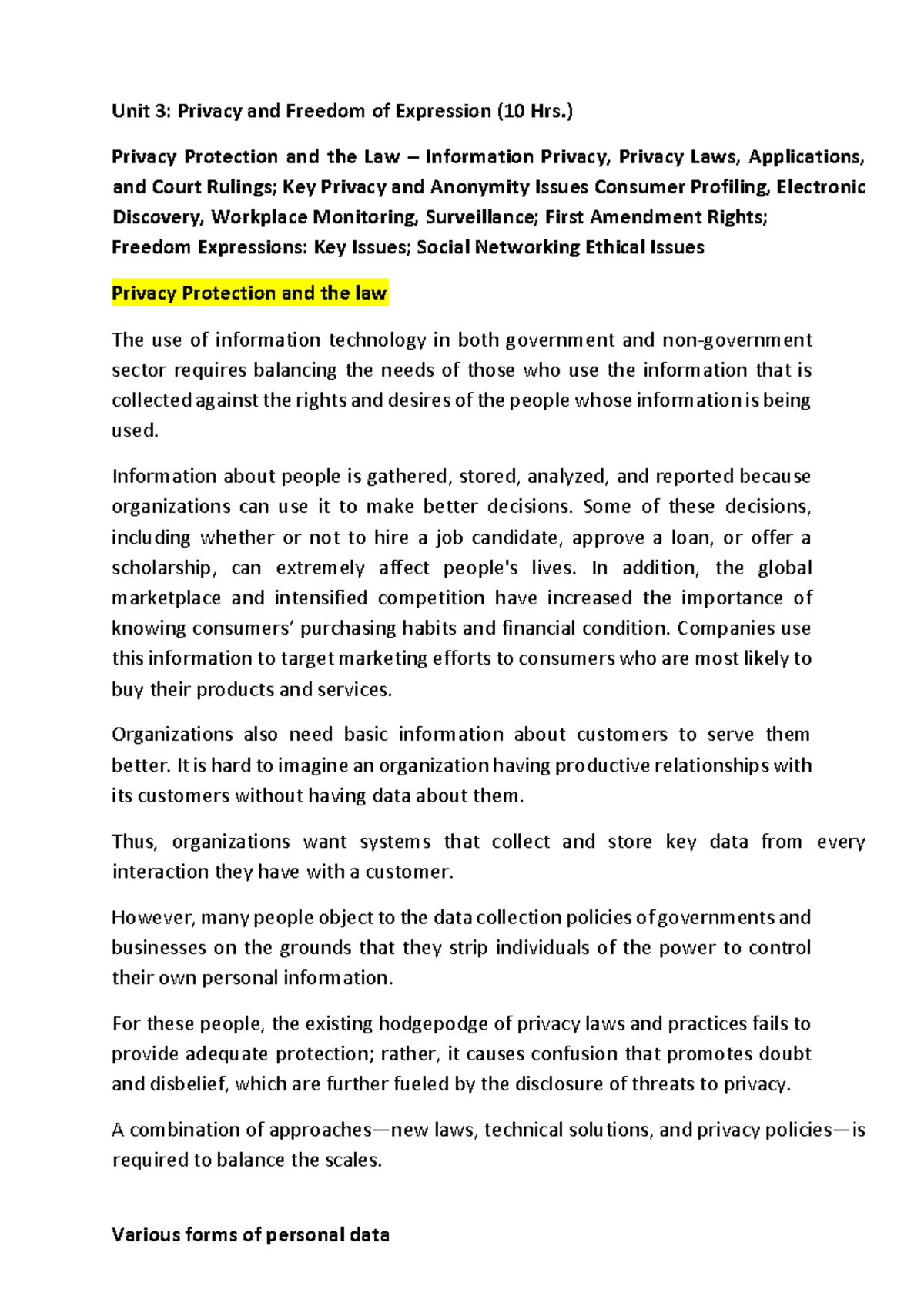 3 Privacy and Freedom of Expression - ) Privacy Protection and the Law ...