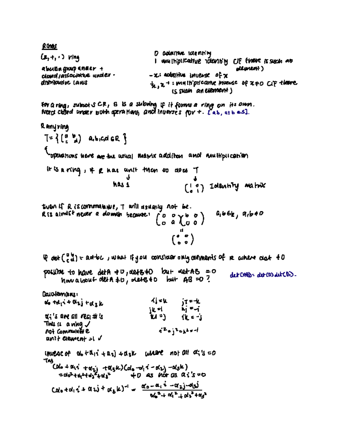 MATH 113 Lecture 17 - Quaternions, Types of Rings - Rings 0 additive ...