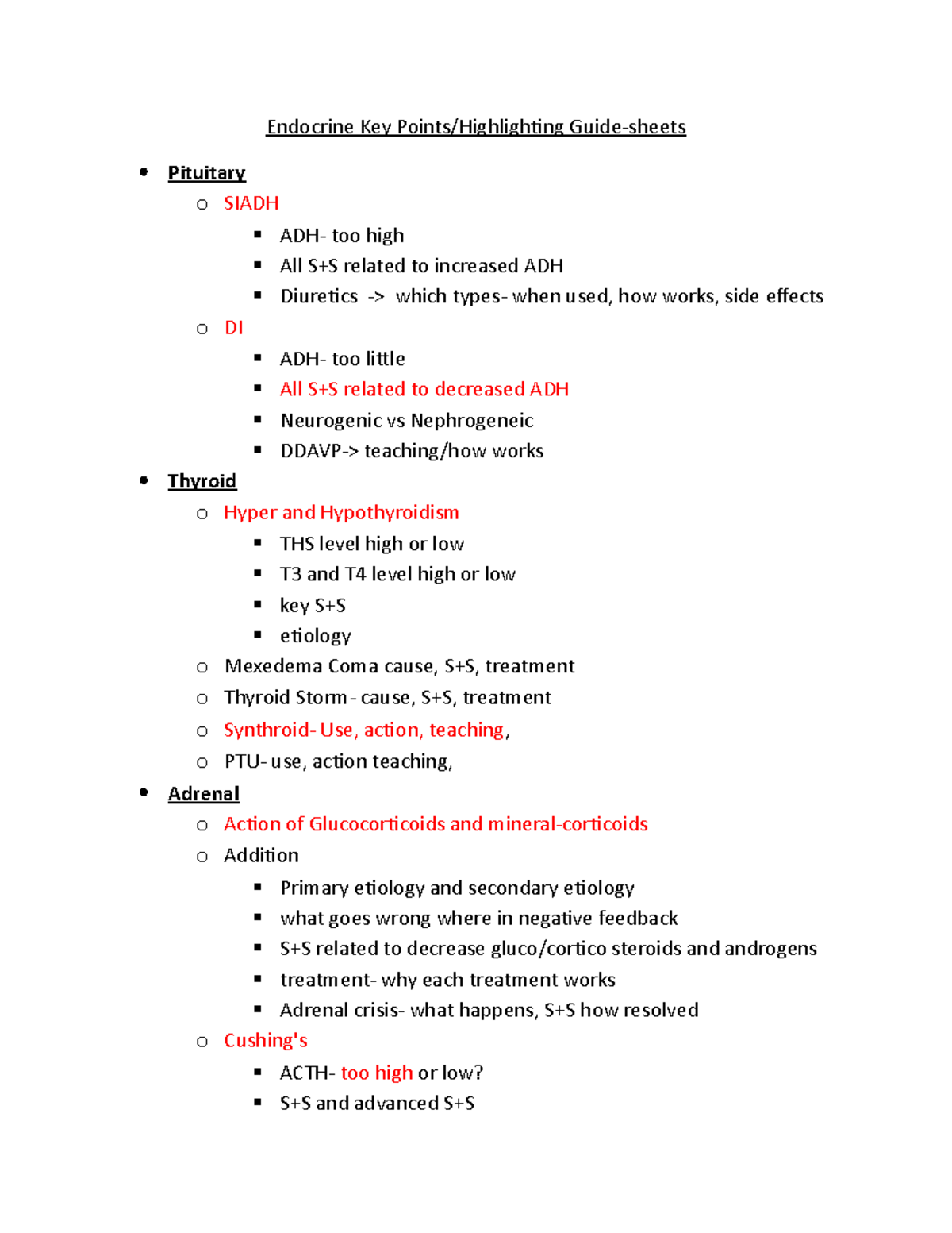Endocrine Key Points & Highlighting Endocrine Key Points/Highlighting