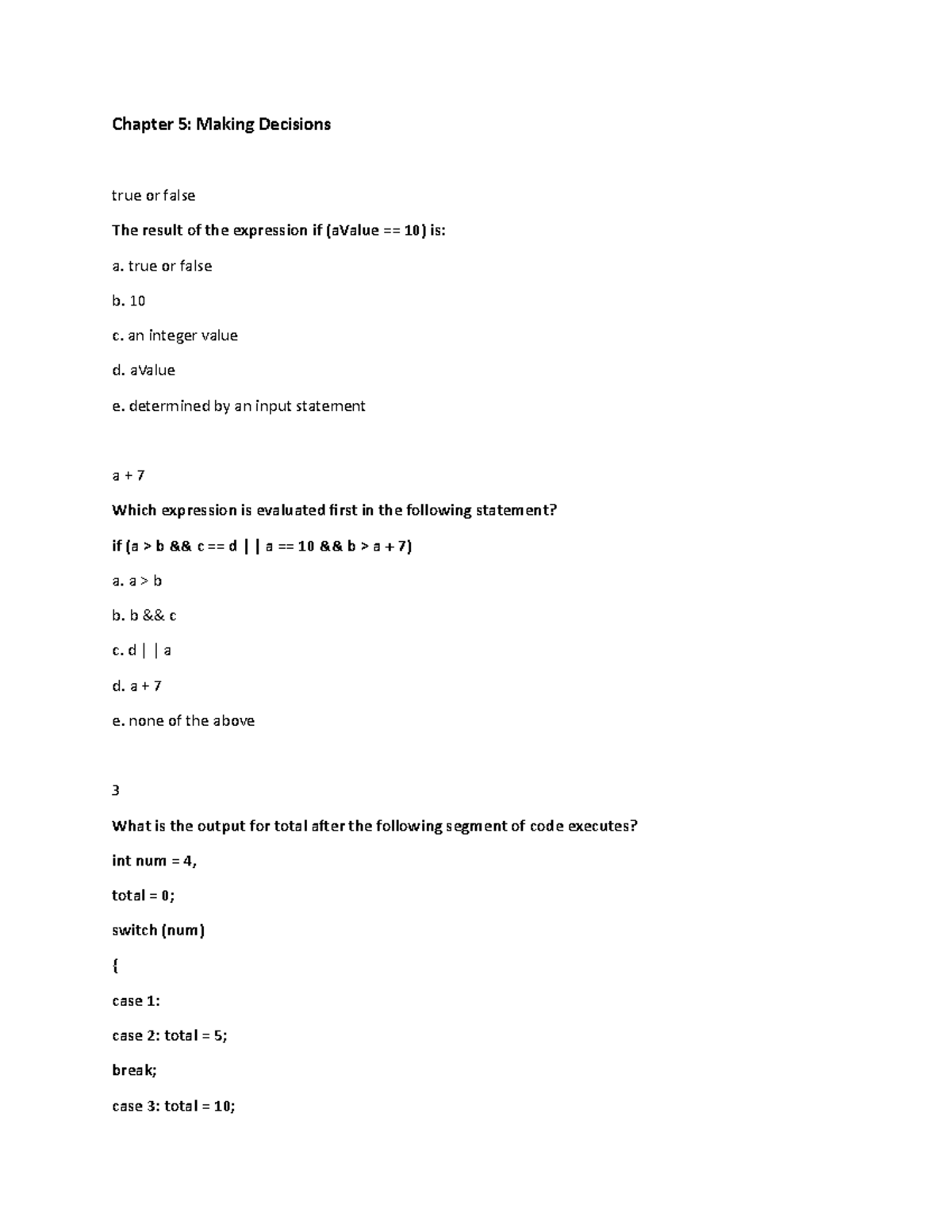 Chapter 5 - Making Decision - Chapter 5: Making Decisions True Or False ...