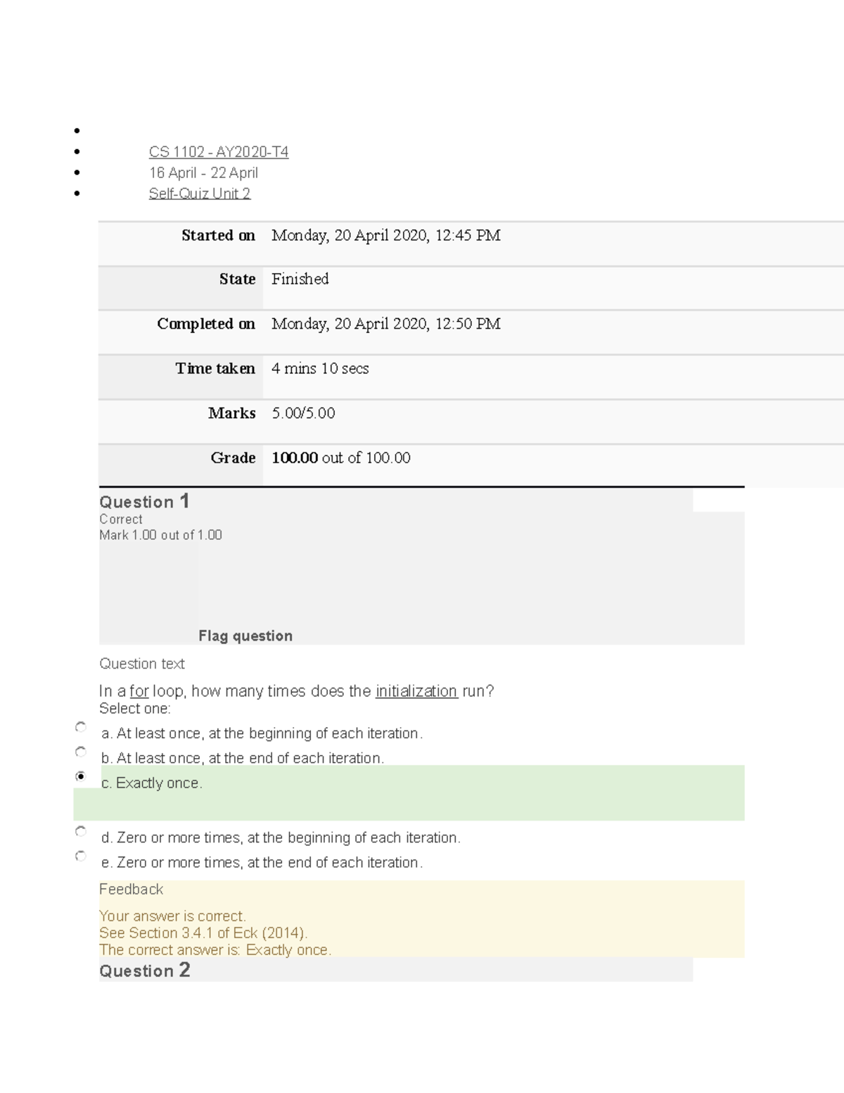 CS1102 Sel Quiz.2 Docx - CS 1102 - CS 1102 - AY2020-T 16 April - 22 ...