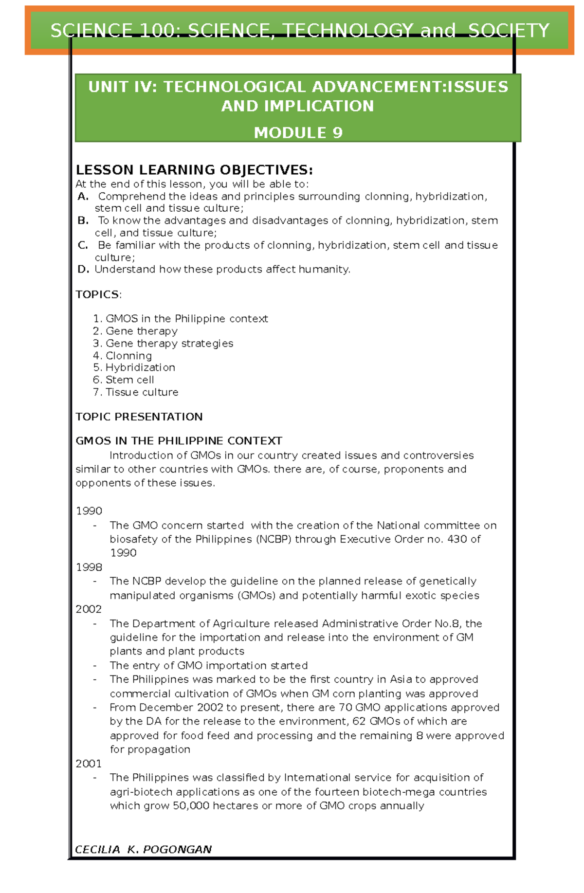 Module 9 STS - D life more and more LESSON LEARNING OBJECTIVES: At the ...