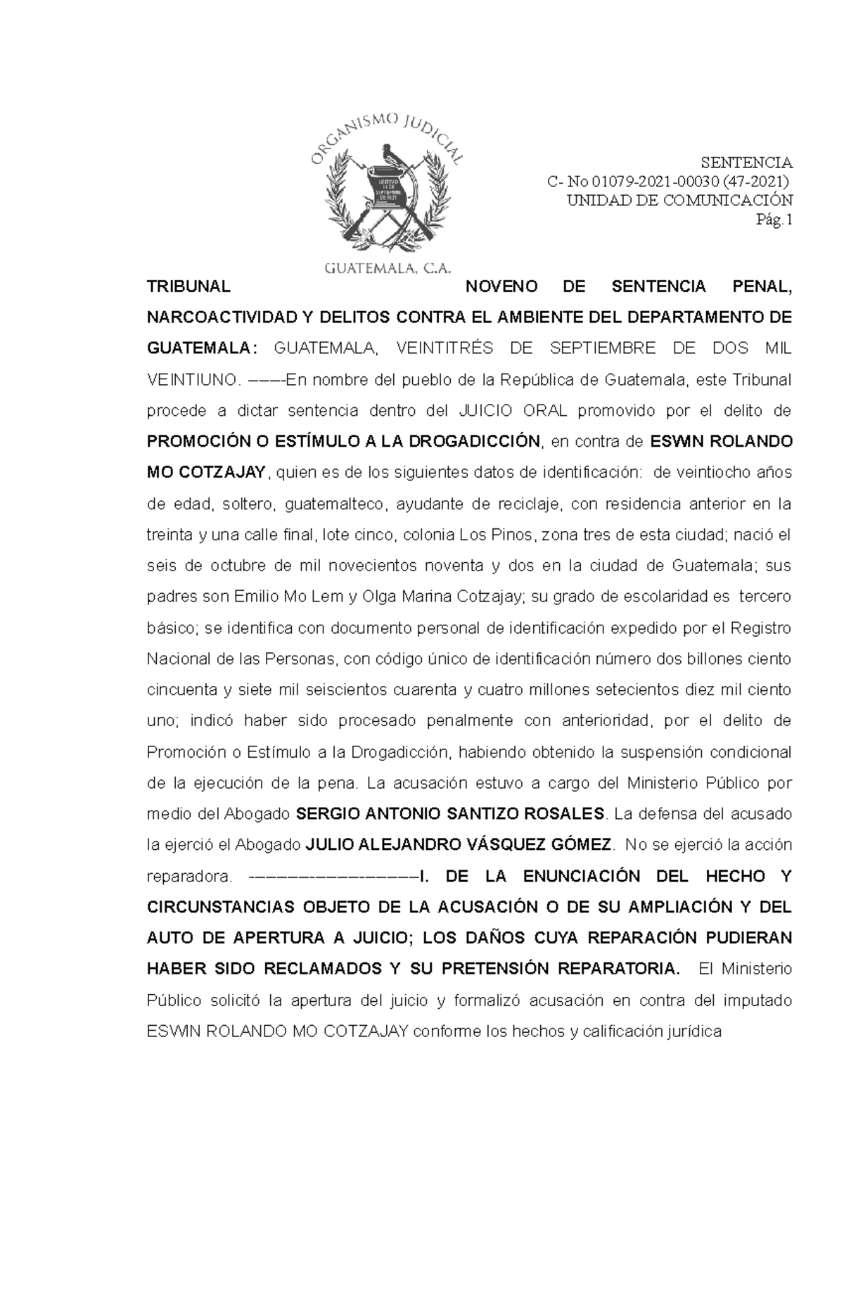 Sen - EJEMPLO DE SENTENCIA - C- No 01079-2021-00030 (47-2021) UNIDAD DE ...