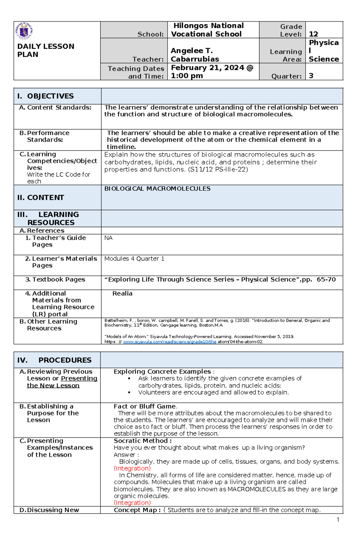 lesson plan in physical science - DAILY LESSON PLAN School: Hilongos ...