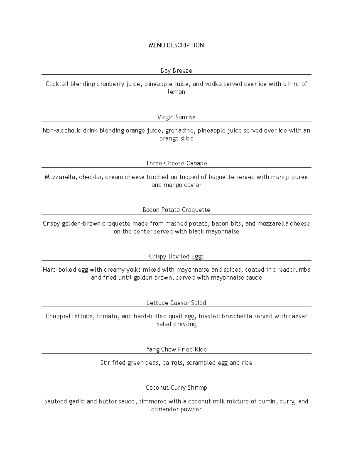 Food description BSHM 601 - MENU DESCRIPTION Bay Breeze Cocktail ...