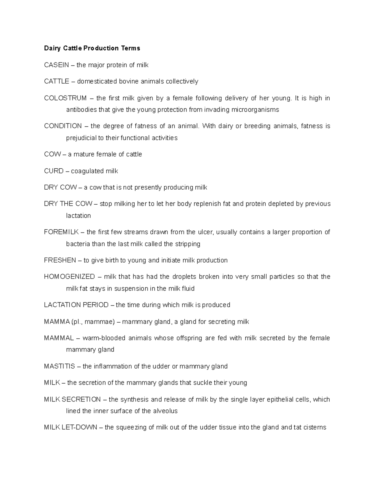 Dairy Cattle Production Terms Dairy Cattle Production Terms CASEIN