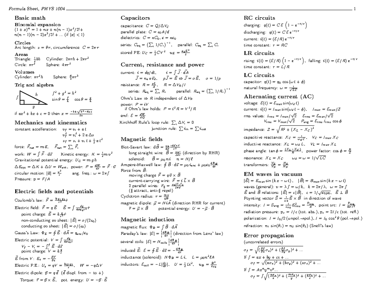 Phys1004 formula sheet - Formula Sheet, PHYS 1004 1 Basic math Binomial ...