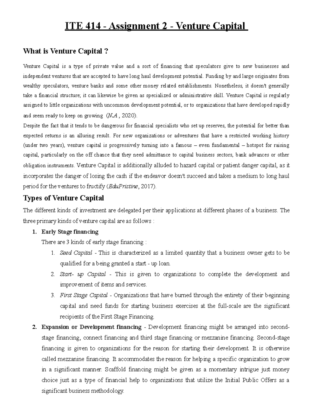 ITE414 Venture Capital - ITE 414 - Assignment 2 - Venture Capital What ...