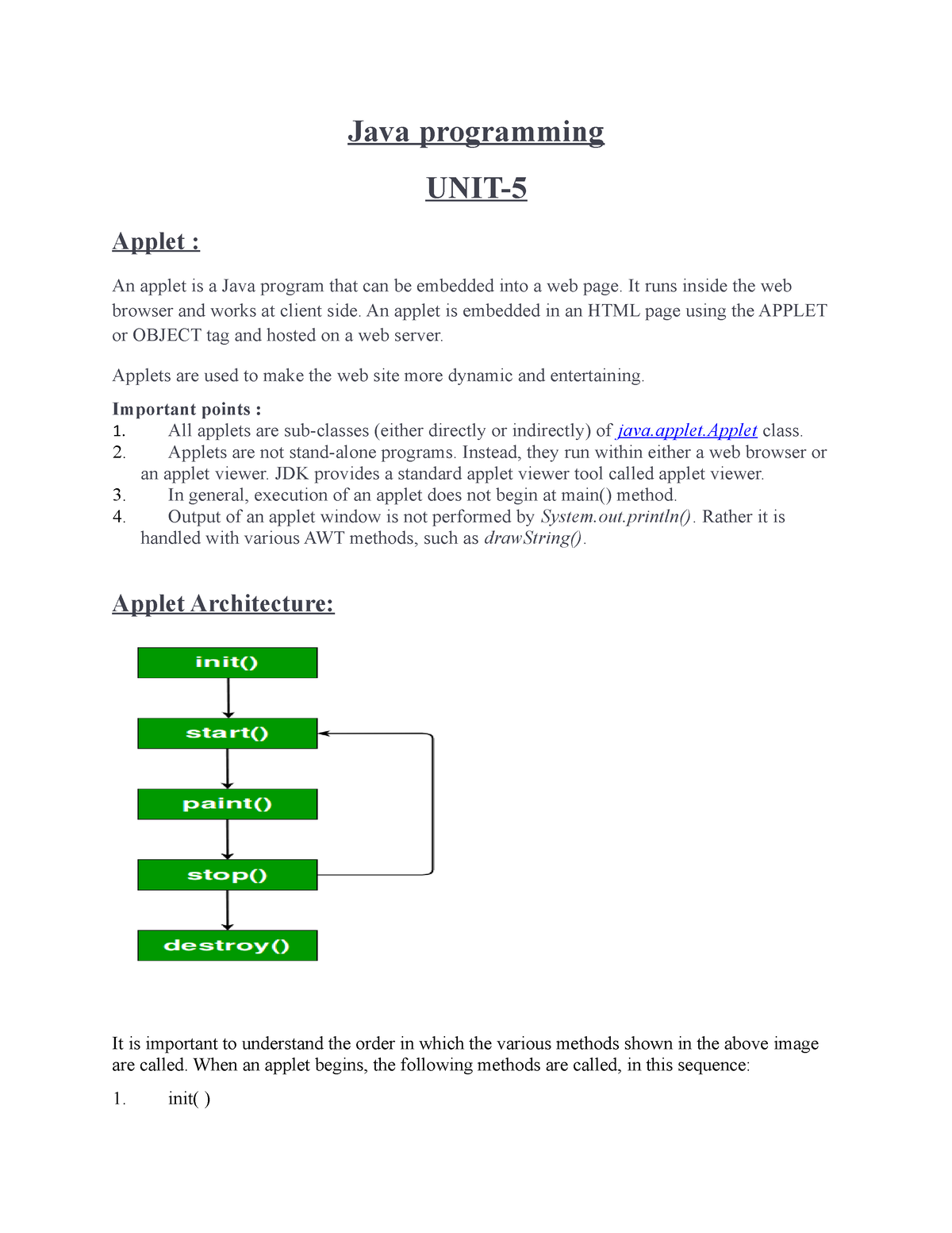 UNIT-5 Java Notes(applets) - Java Programming UNIT- Applet : An Applet ...