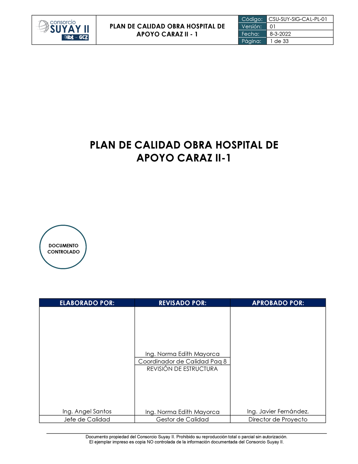 Plan De Calidad De Hospital Plan De Calidad Obra Hospital De Apoyo Caraz Ii 1 VersiÛn 01 2828