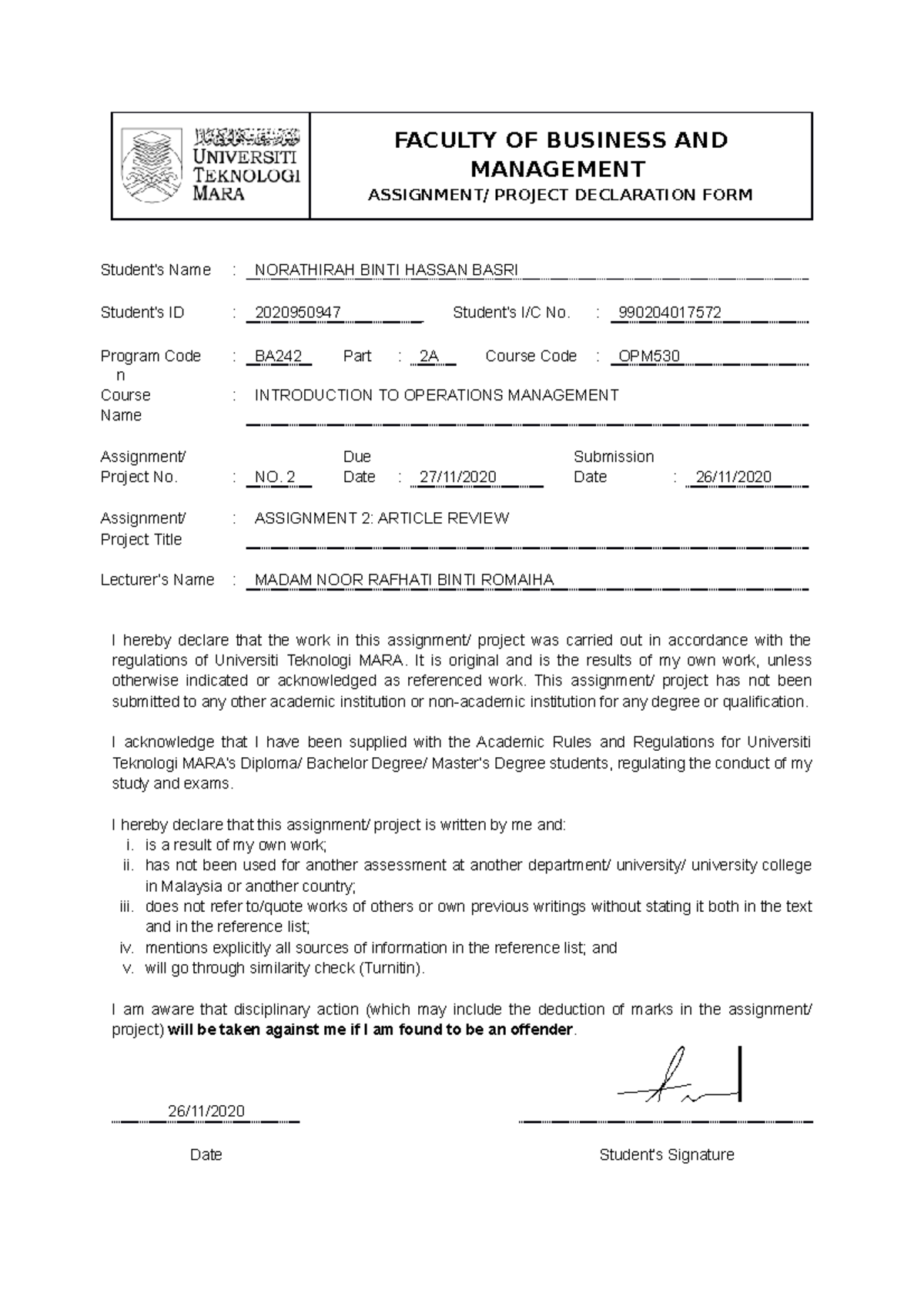 OPM Assignment 2 - Article Review - FACULTY OF BUSINESS AND MANAGEMENT ...