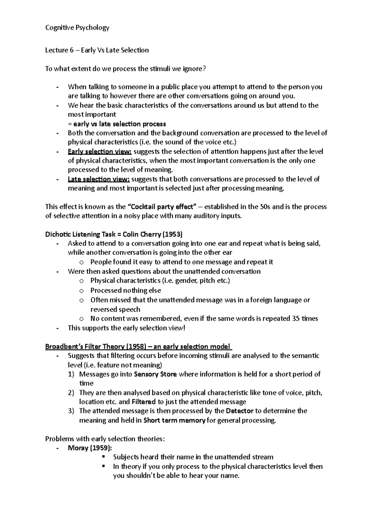 cognitive-psychology-lecture-6-early-vs-late-selection-studocu