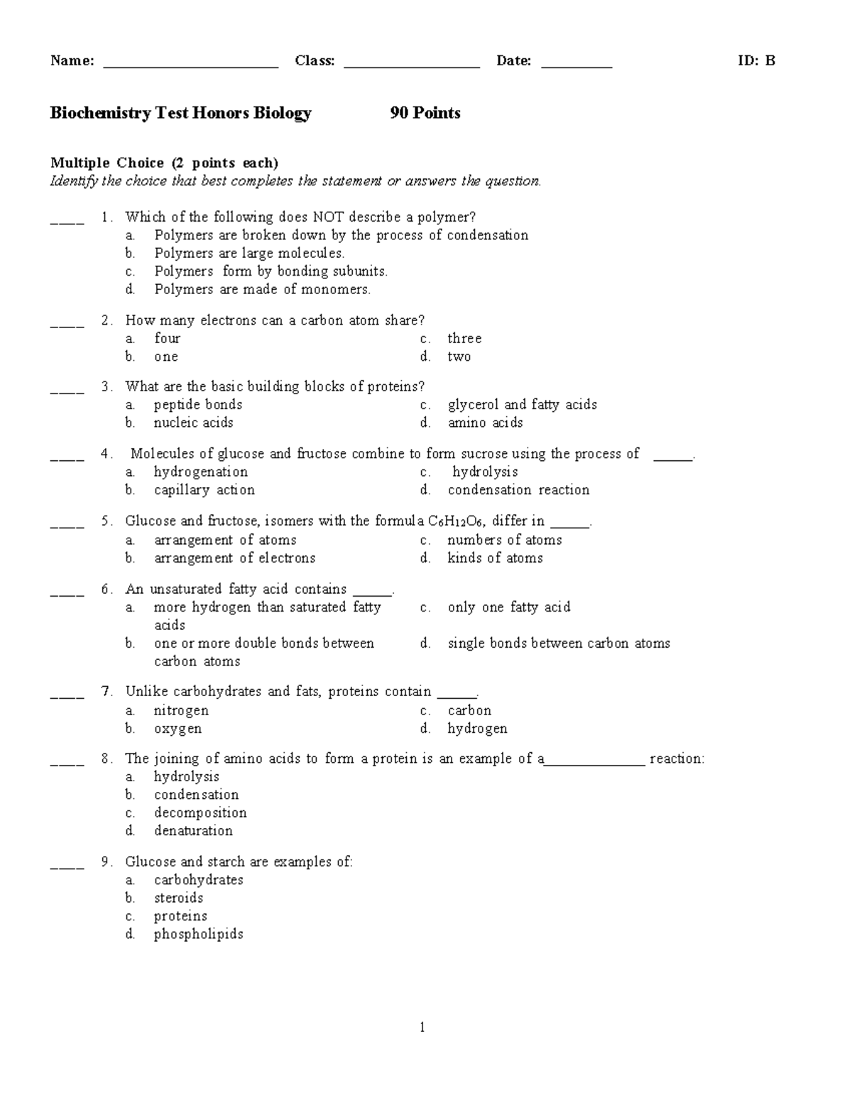 Biochemistry Test Form B - Name: ______________________ Class ...