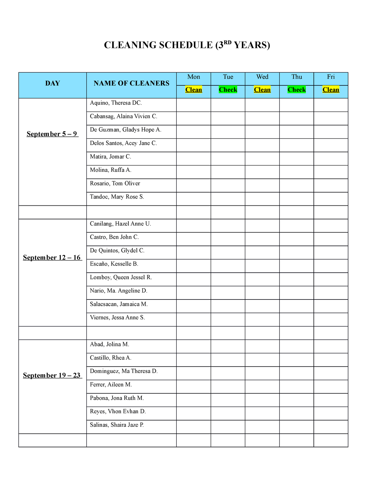 Cleaning schedule template - CLEANING SCHEDULE (3RD YEARS) DAY NAME OF ...