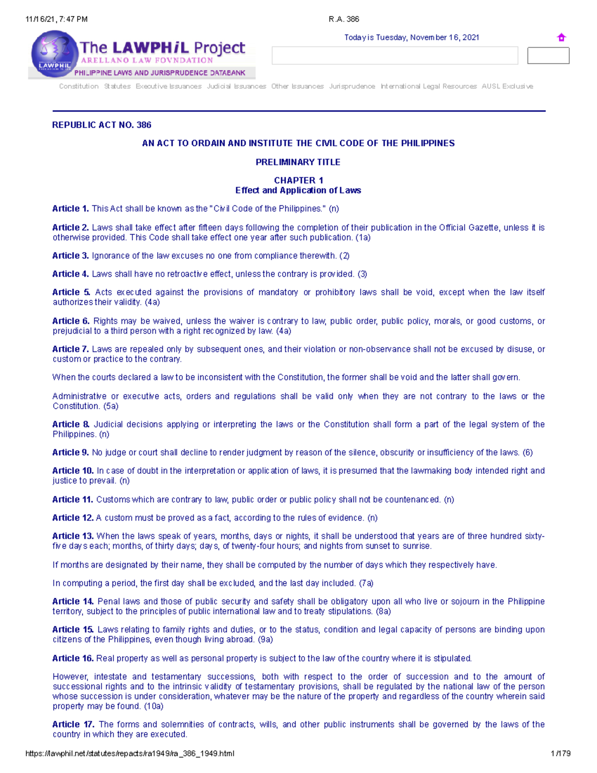 Civil Code - Constitution Statutes Executive Issuances Judicial ...