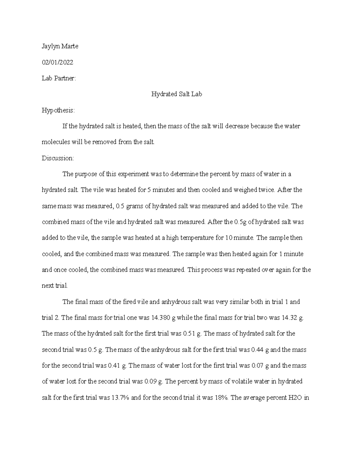 Lab 7 Hydrated Salt Lab Report Jaylyn Marte 02/01/ Lab Partner