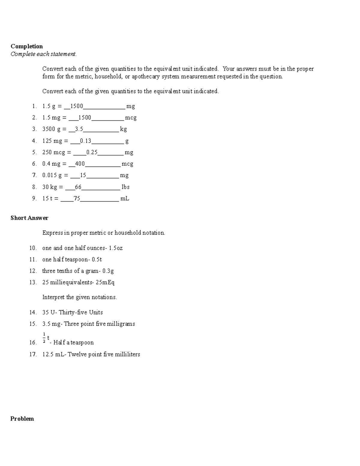 Dosage Calc Module 1 Practice (1) - Completion Complete each statement ...