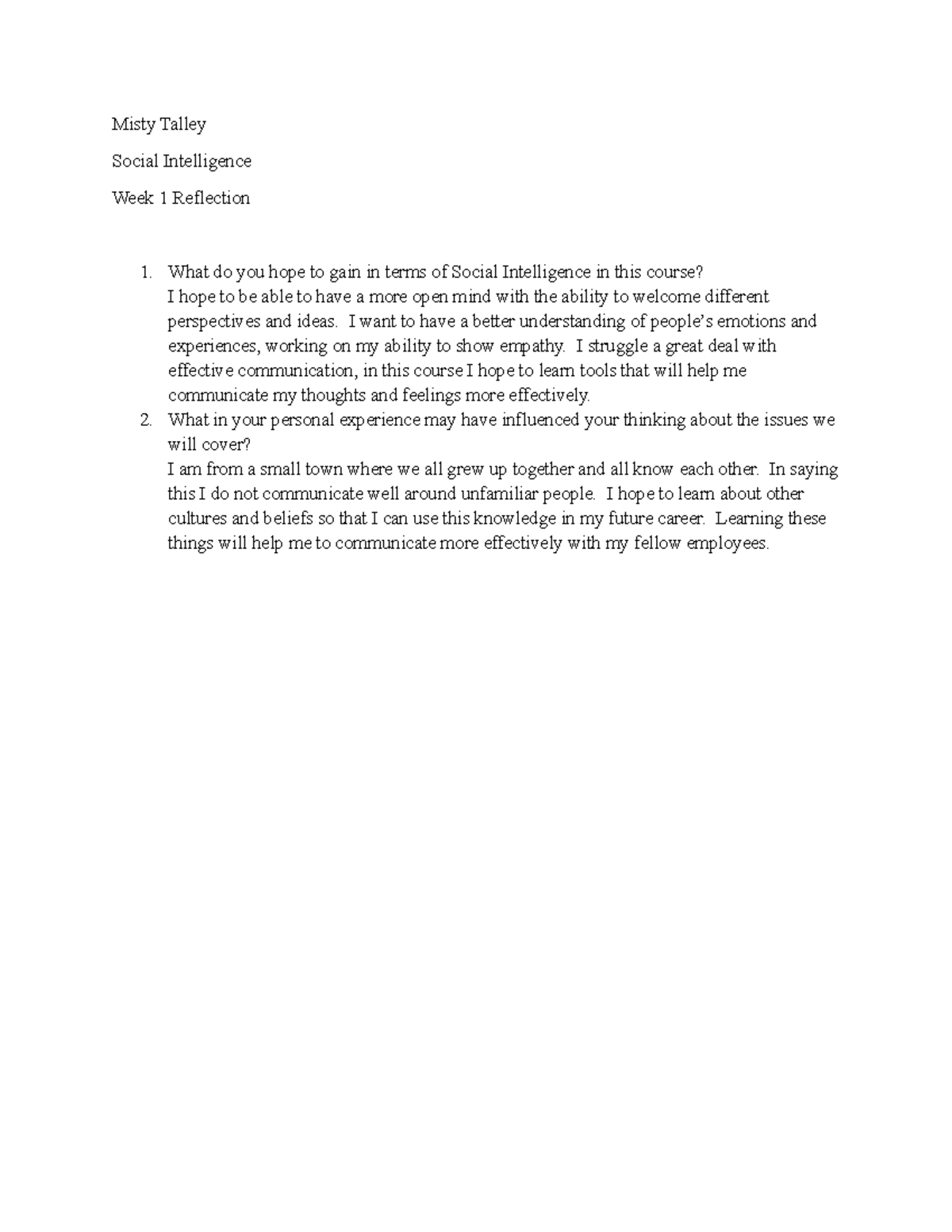 Week 1 reflection - Misty Talley Social Intelligence Week 1 Reflection ...