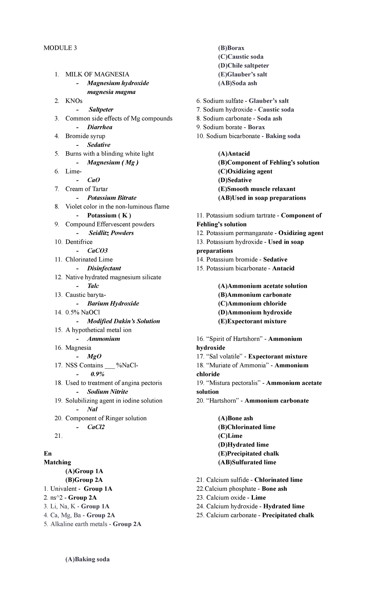 CHEM-1 - MODULE 3 1. MILK OF MAGNESIA Magnesium hydroxide magnesia ...