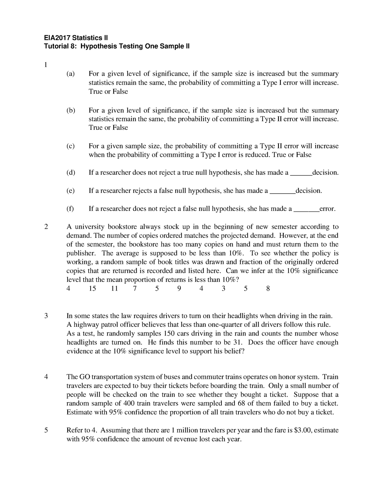 Tutorial 8 Hypothesis Testing One Sample II - EIA2017 Statistics II ...