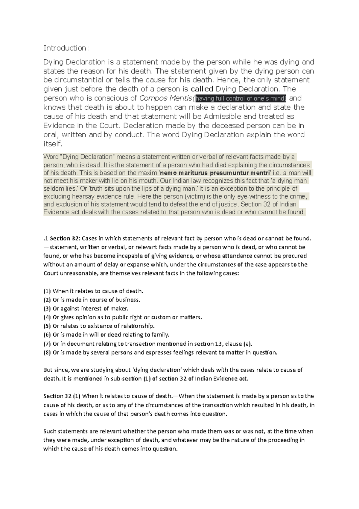 Dying decl - case study on landmark judgements - Introduction: Dying ...