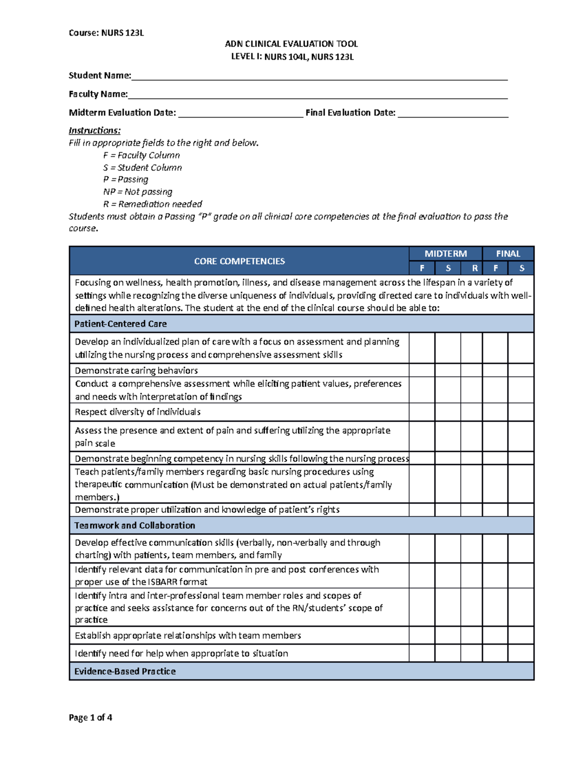 Nurs 123l - Adn Clinical Evaluation Tool Level I - Adn Clinical 