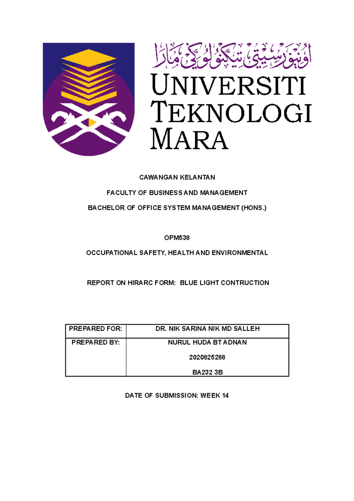 Report on Hirarc form individual assignment - Office Management and ...