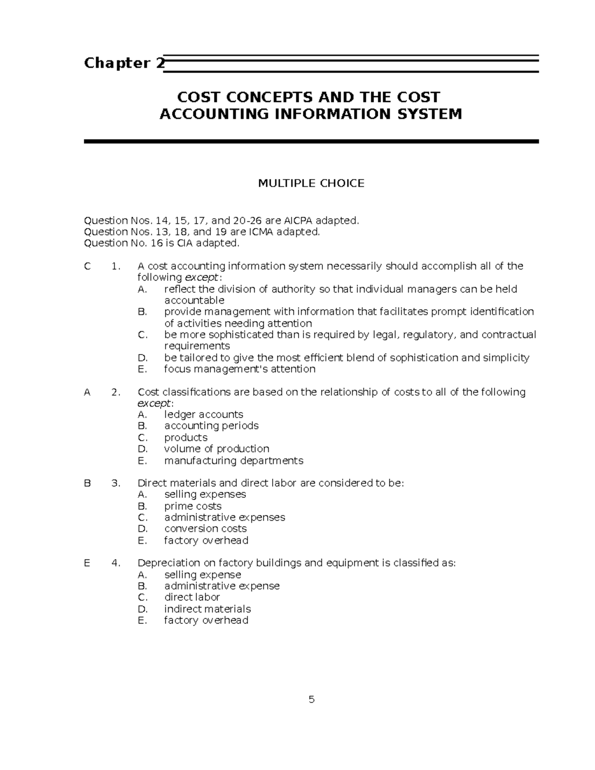 TEST BANK Cost Accounting 14E By Carter Ch02 - Chapter 2 COST CONCEPTS ...