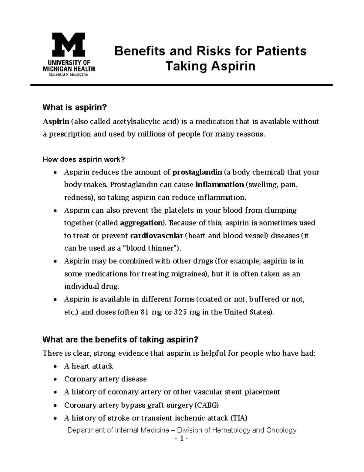 Aspirin Benefits And Risks Department of Internal Medicine Division of Hematology and