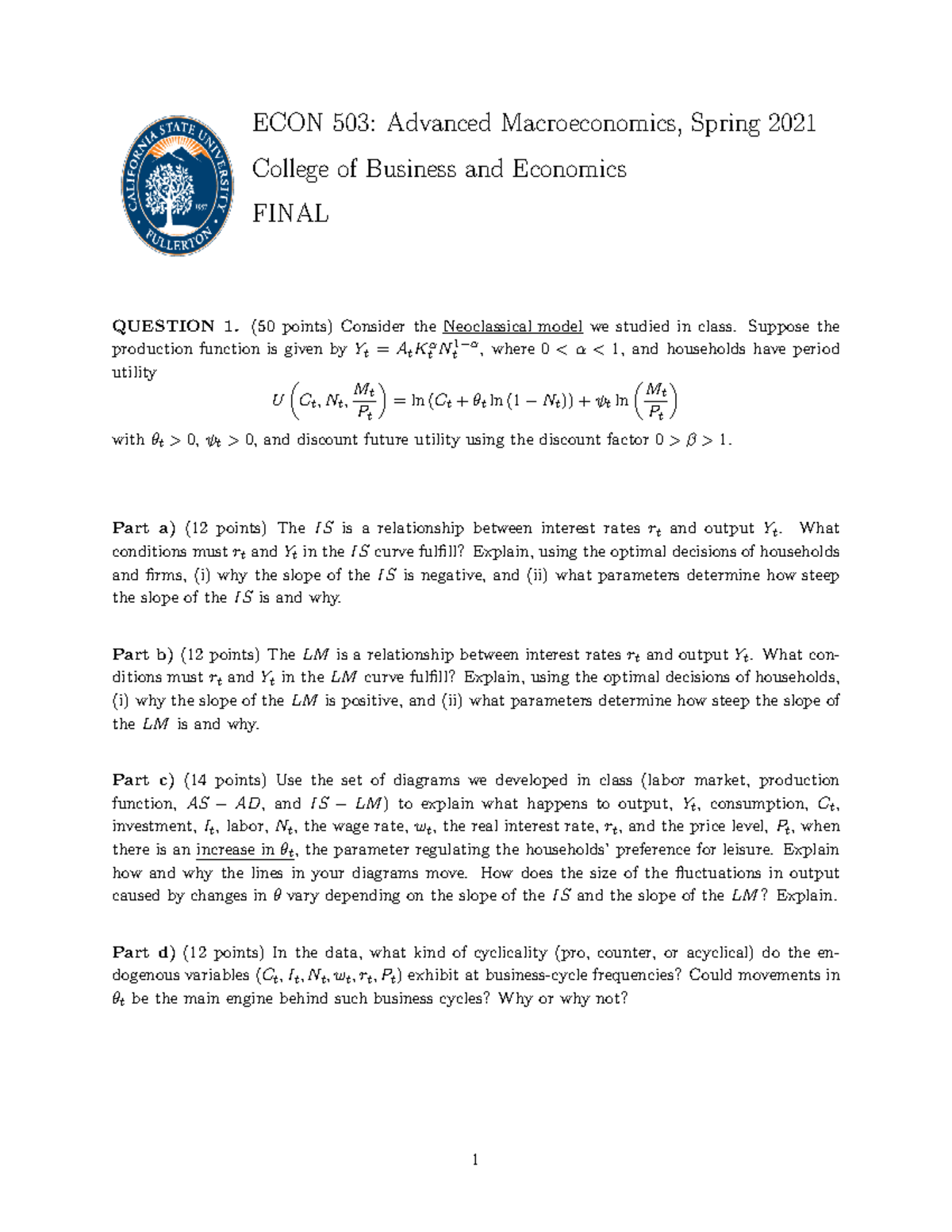 ECON 503: Advanced Macroeconomics Final Exam - Studocu