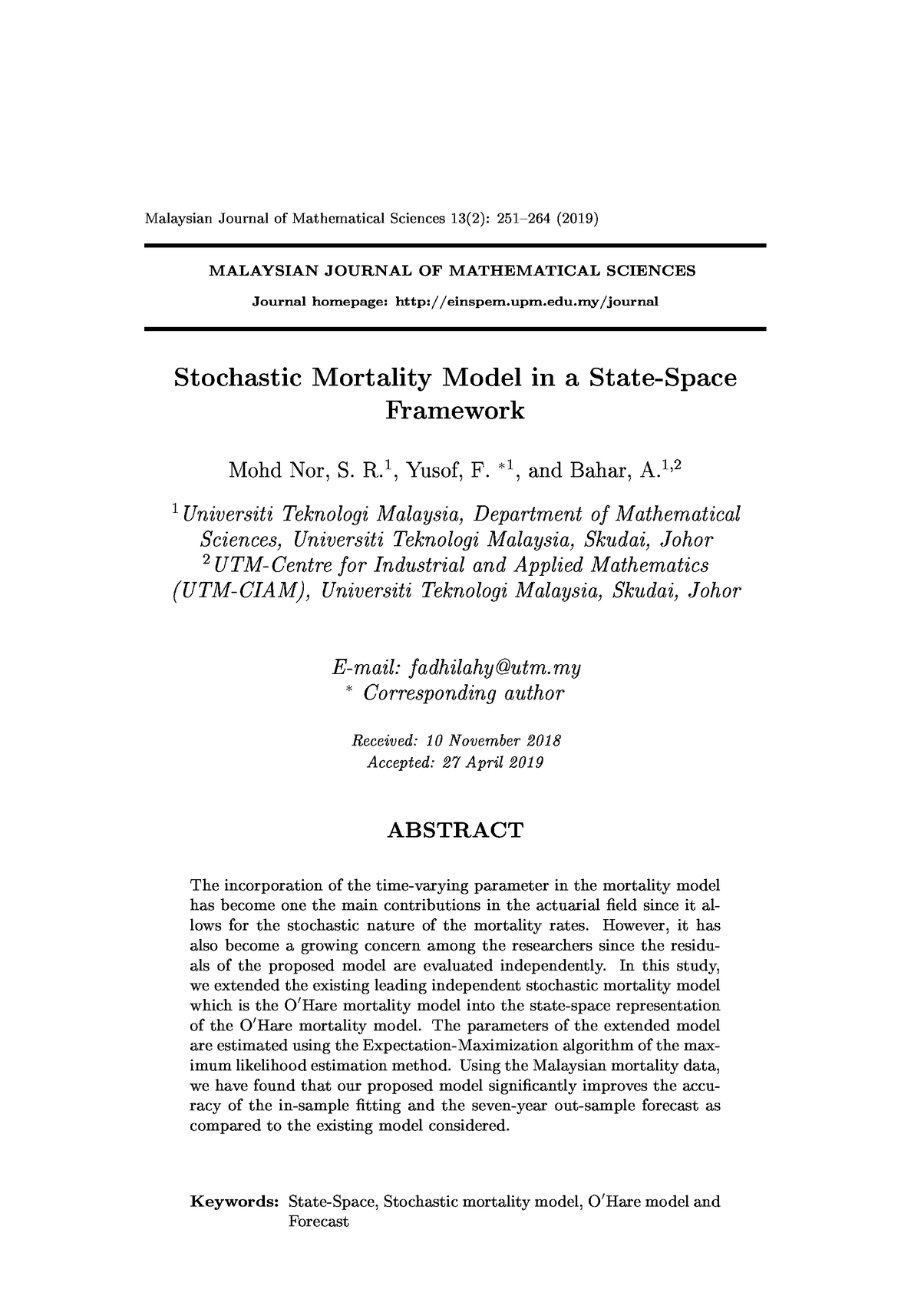 Stochastic Mortality Model In A State-Space Framework - ②s ♥ ♦ R♥ ♦ T ♠ ...