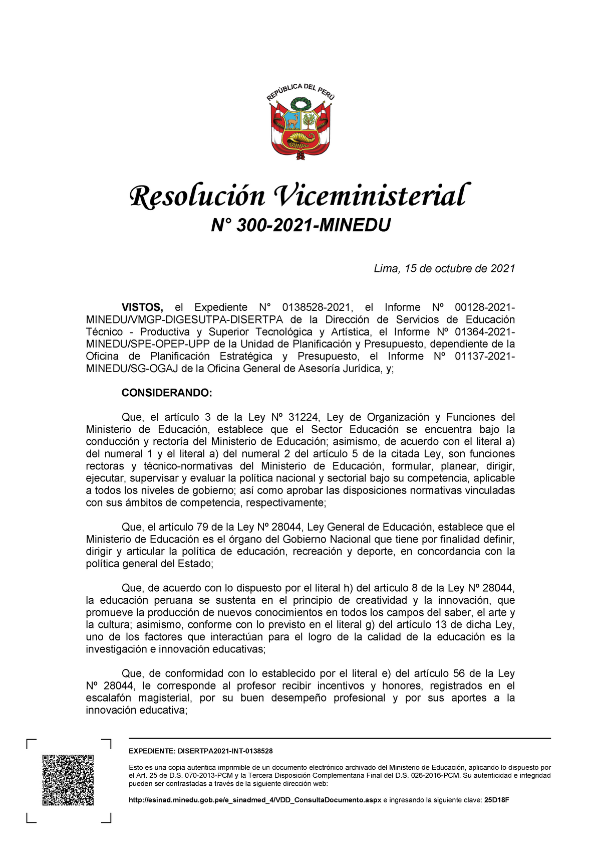 RVM N° 300-2021- Minedu RESOLUCION VICEMINISTERIAL - EXPEDIENTE ...